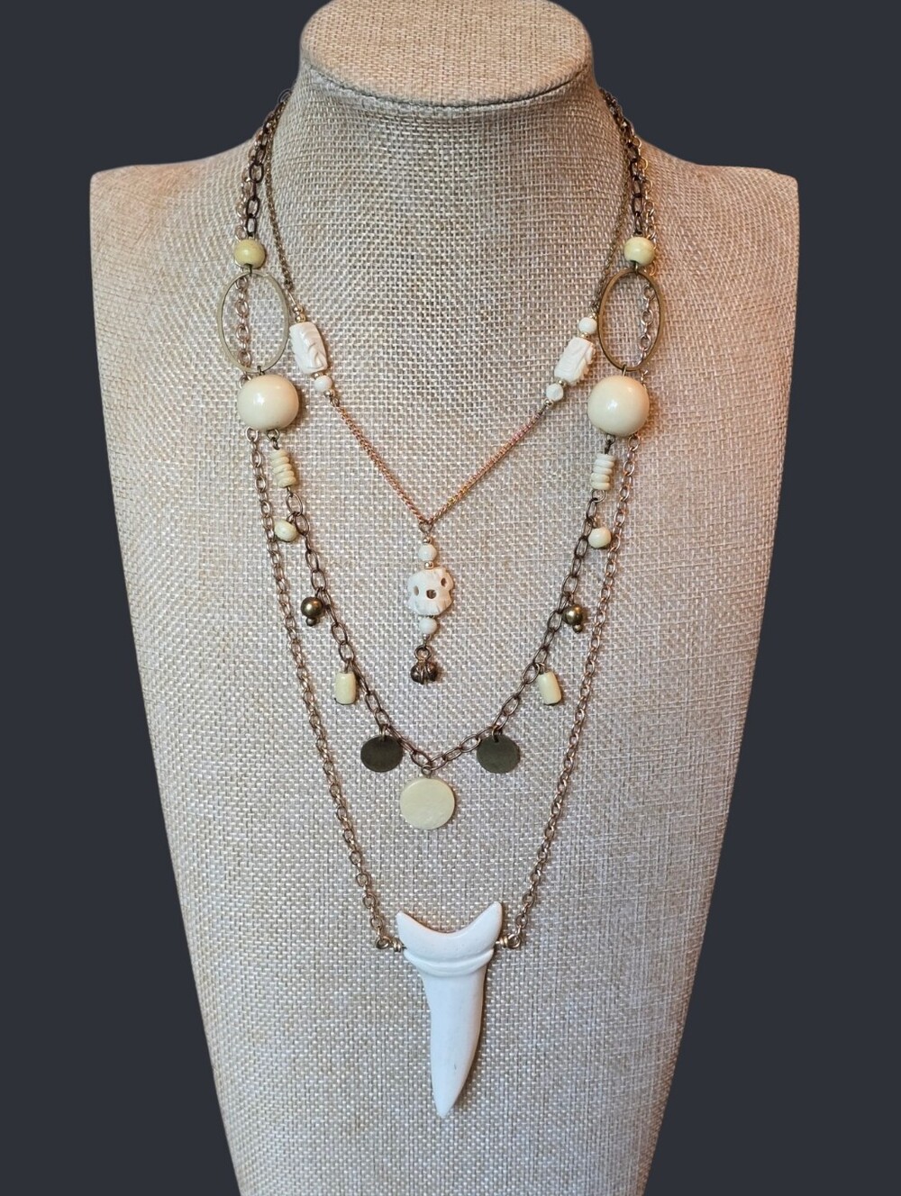 Vintage Gold Tone Chain, Bone, Sharkstooth  Necklace Bundle (3)